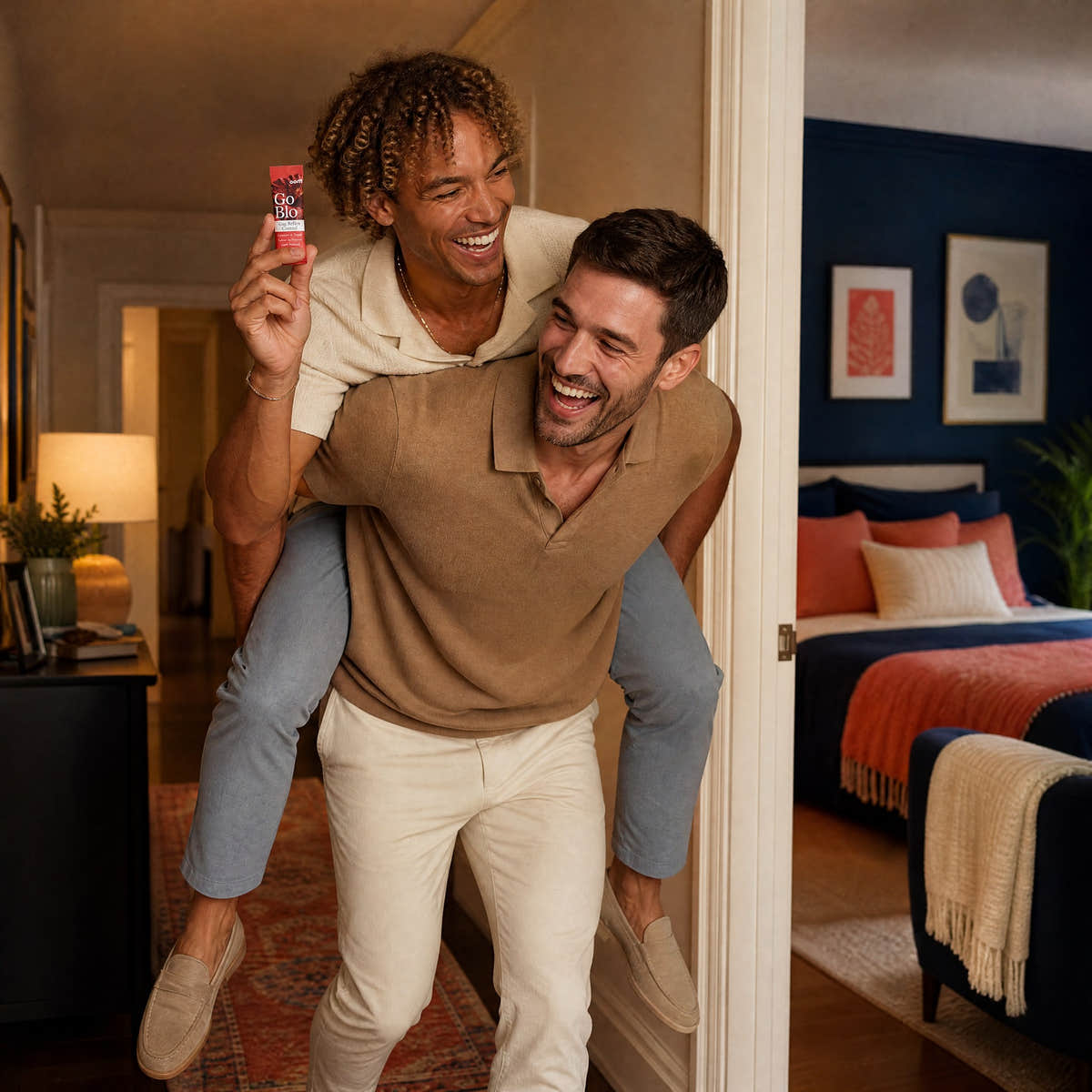 Two men laugh in a hallway; one rides piggyback and holds up a GoBlo stick pack.