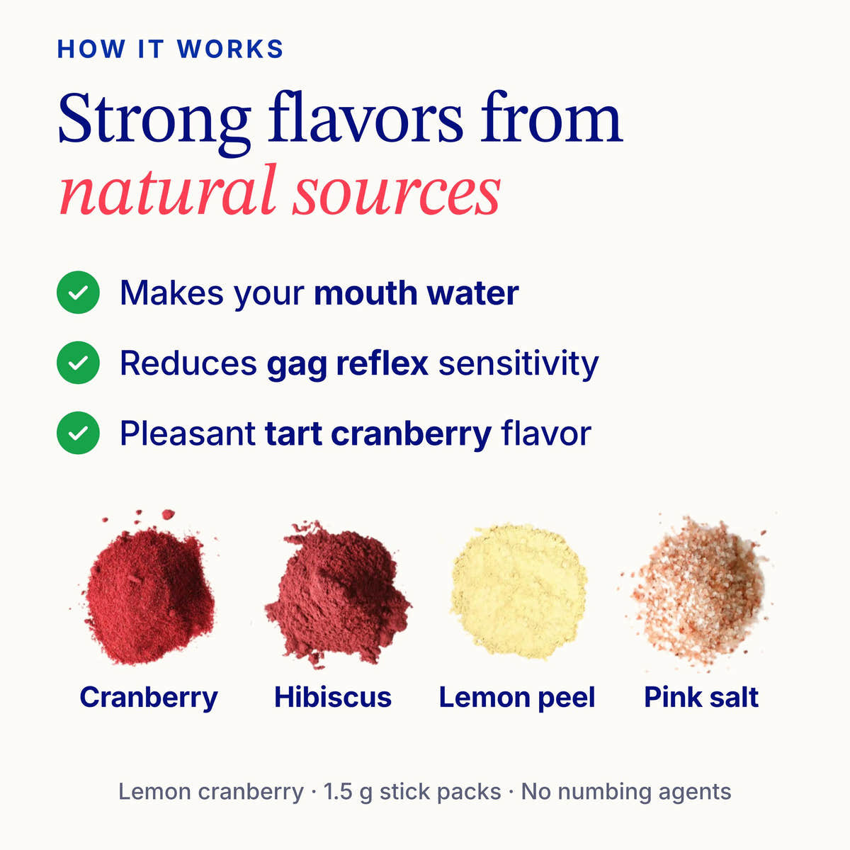 How GoBlo works: strong flavors from natural sources. Makes your mouth water, reduces gag reflex sensitivity, pleasant tart cranberry flavor. Cranberry, hibiscus, lemon peel and pink salt.