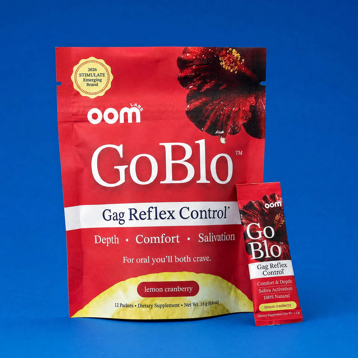 GoBlo Gag Reflex Control: red pouch of 12 lemon-cranberry stick packs with one stick pack in front