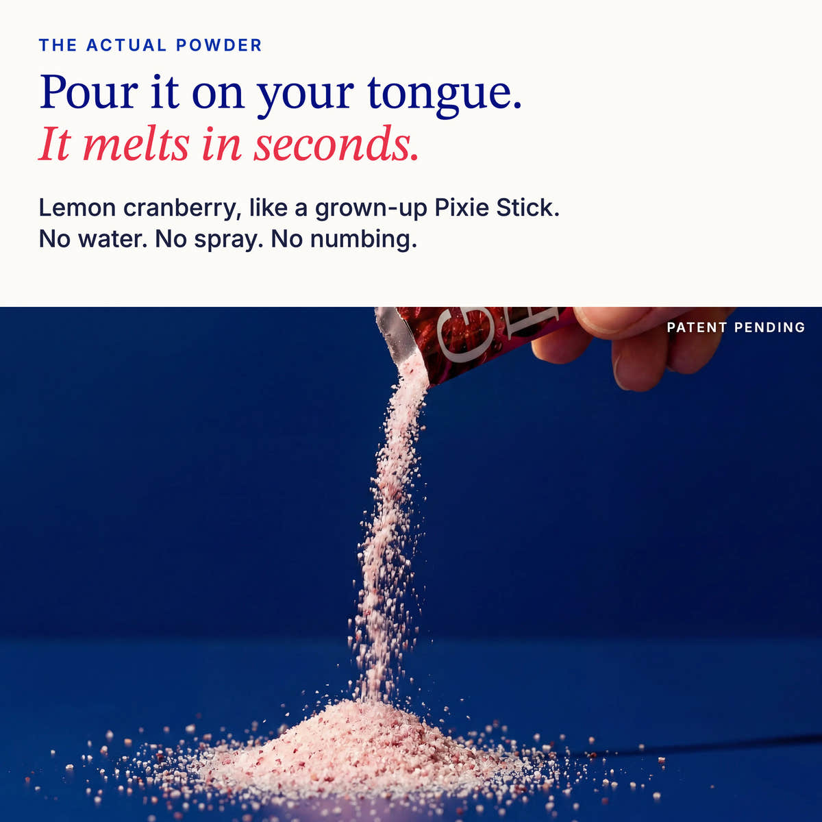 The actual GoBlo powder pouring from the stick pack: pour it on your tongue, it melts in seconds