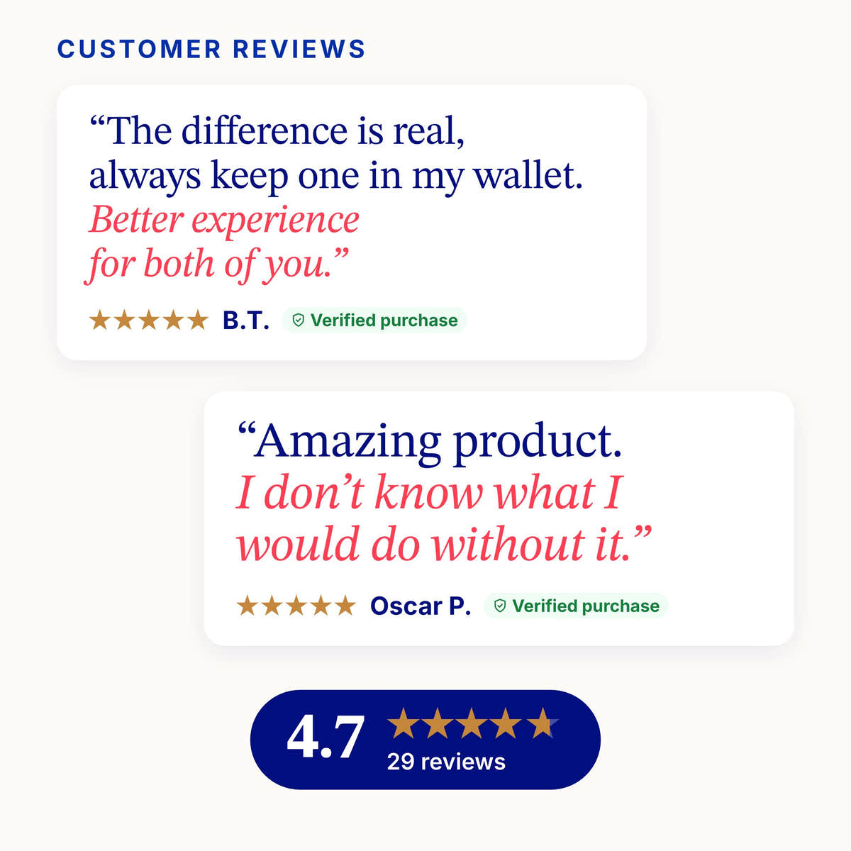 Customer reviews: B.T., the difference is real, always keep one in my wallet; Oscar P., amazing product, I don't know what I would do without it. 4.7 stars from 29 reviews.