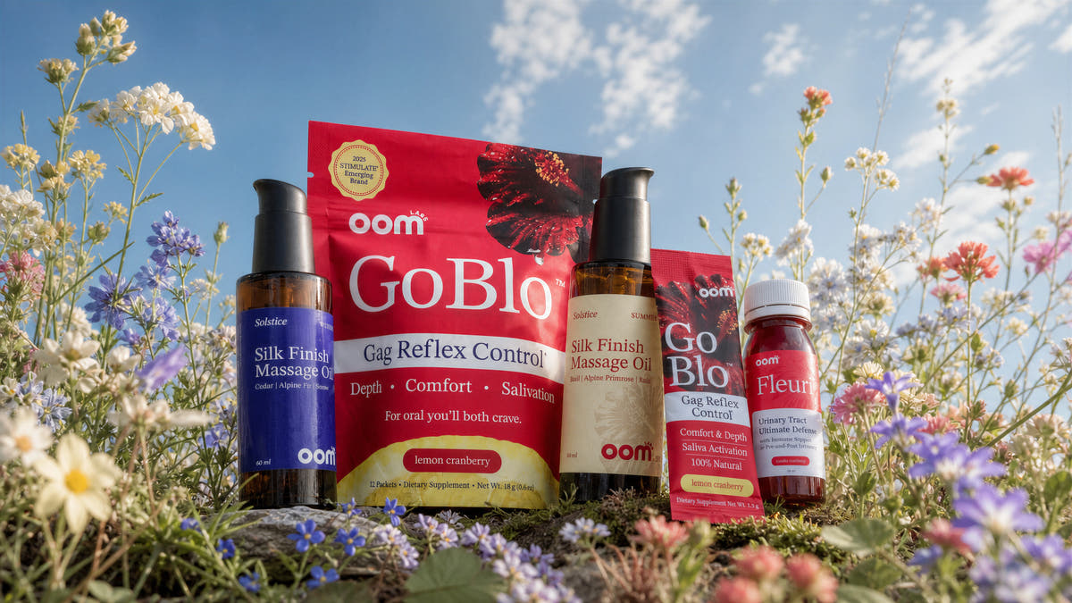 The OOM Labs product family — GoBlo, Solstice and Fleuri in a wildflower meadow