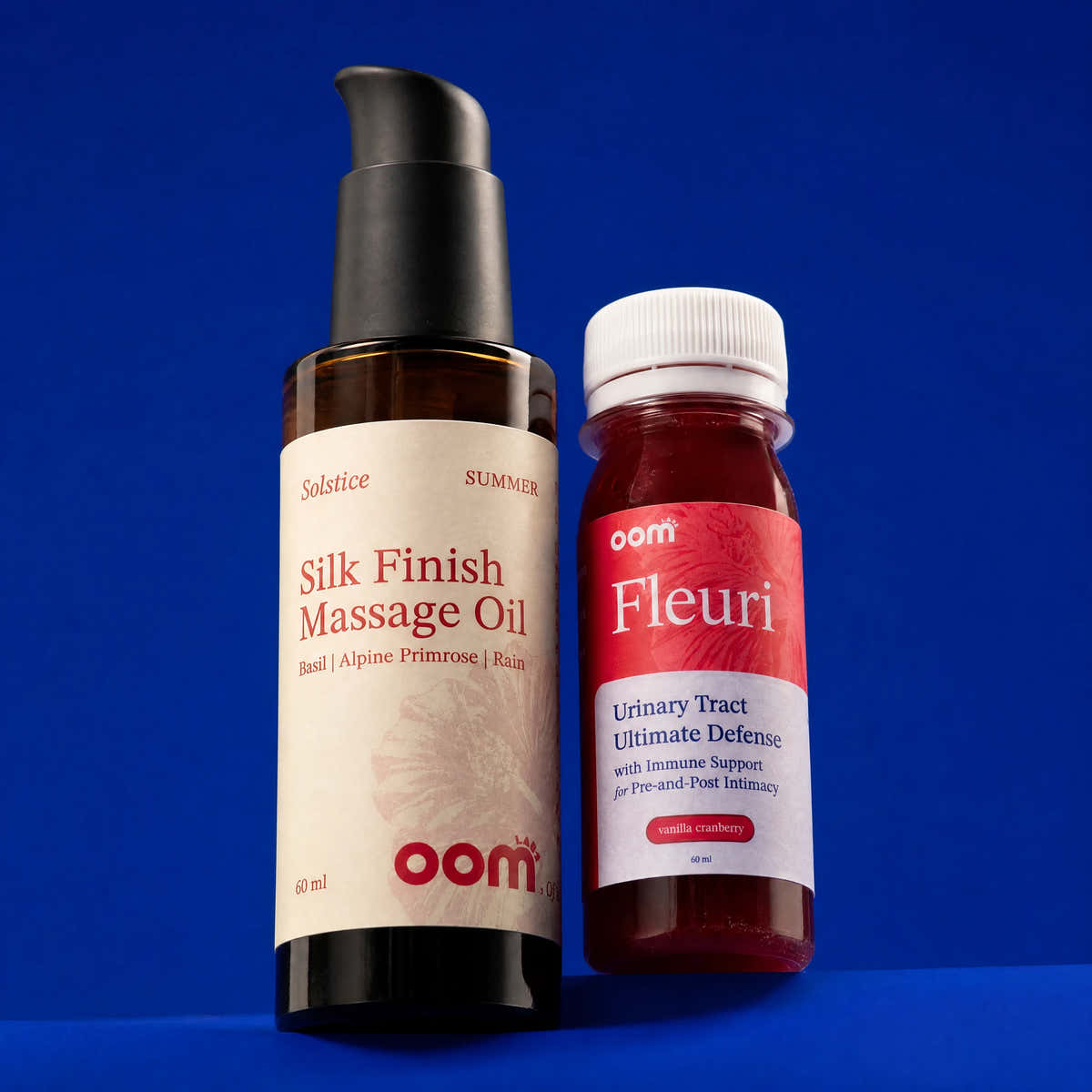 Fleuri Urinary Defense Shot beside Solstice on a Klein blue background